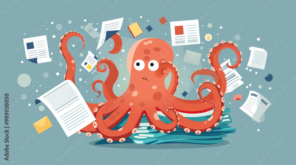 Poster an octopus playfully interacts with floating documents and vibrant notes while submerged in a cheerf