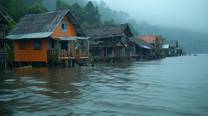Naklejka premium Abandoned Coastal Houses Amid Rising Sea Levels