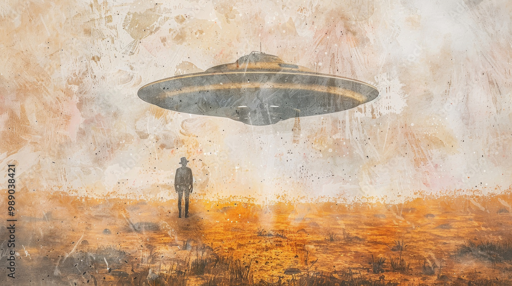 Poster a solitary person gazes upward towards a hovering ufo against the backdrop of a hazy sunset, creatin