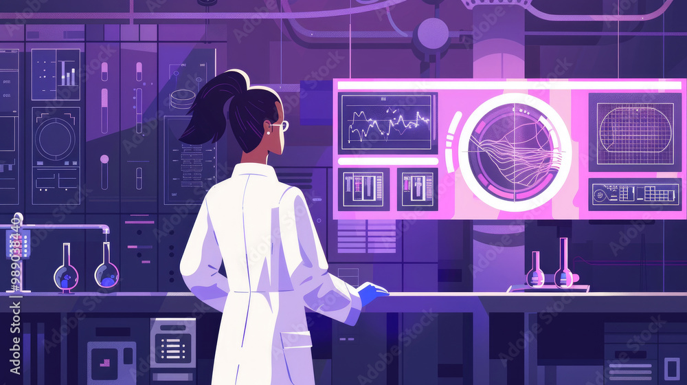 Poster a researcher in a lab coat studies complex data displayed on screens, surrounded by scientific instr