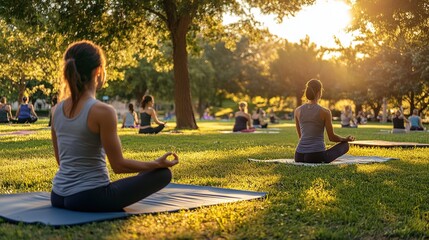 Outdoor yoga session at sunset with participants practicing mindfulness in a serene park environment