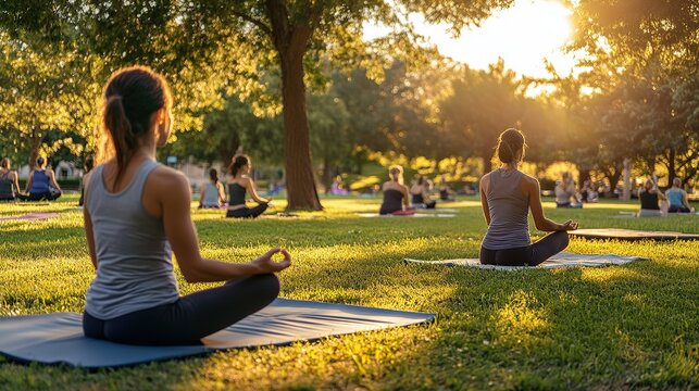 Outdoor yoga session at sunset with participants practicing mindfulness in a serene park environment