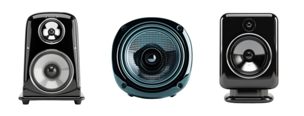 PNG Three modern audio speakers on a white isolated background.