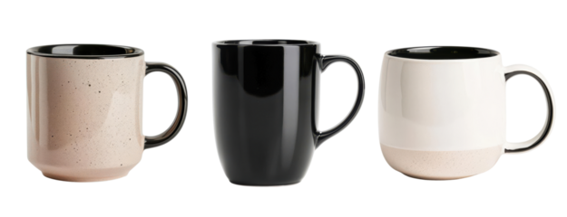 PNG Three modern ceramic mugs on a white isolated background.