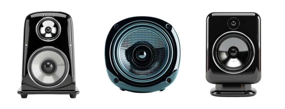 PNG Three modern audio speakers on a white isolated background.