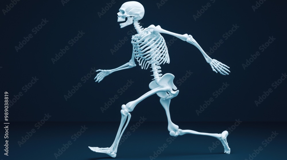 Poster dynamic skeleton in motion against dark background