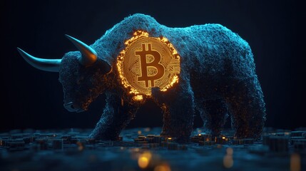 A stylized bull made of gold shapes faces a realistic bear, with a glowing Bitcoin symbol in the center, symbolizing crypto's impact on the financial markets.