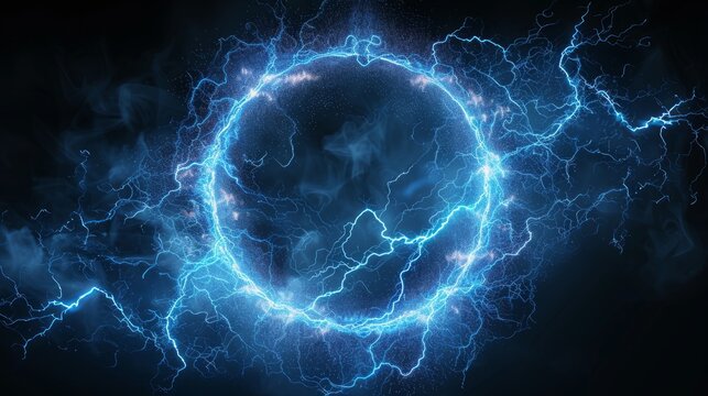Blue thunder bolt light and electric energy discharge in form of circle on black background. Realistic 3d vector illustration round frame from storm lightning power effect. Thunderbolt strike border.