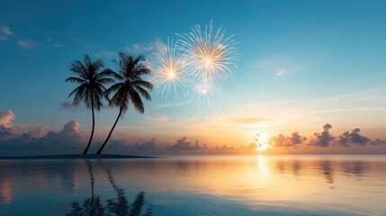 Fototapeta premium Tropical Sunset with Fireworks Over Calm Water