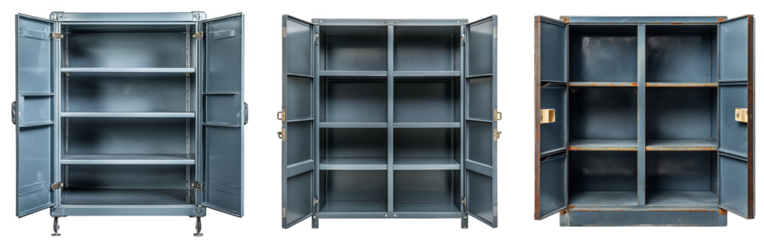 three vintage metal cabinets displaying open shelves organized transparent background