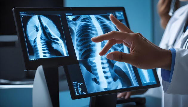A close-up view of a medical x-ray image displayed on a computer screen, with a hand pointing to the image