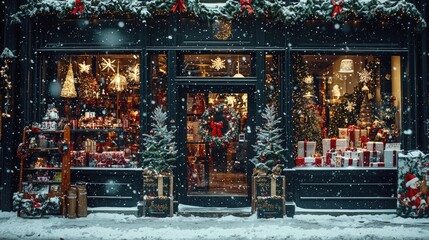 Obraz premium Snow-Covered Christmas Storefront with Gifts and Festive Decorations for Holiday Season