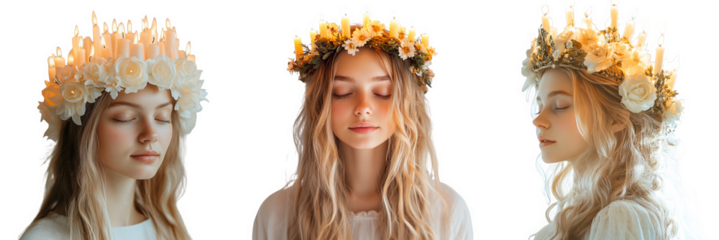 St Lucia woman wearing a floral crown candlelit aesthetic transparent background