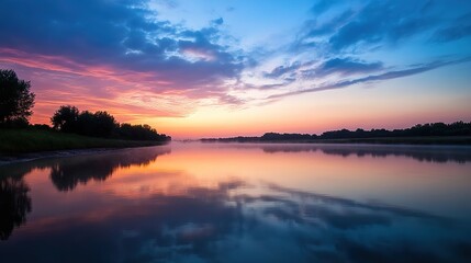 Serene Sunset Over Calm Water with Reflections