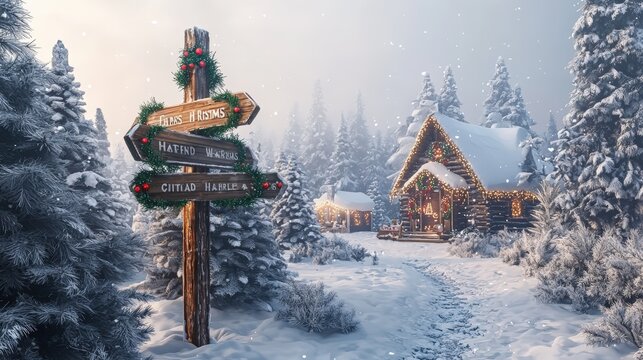 Festive Signpost in Snowy Landscape with Christmas Decorations and Rustic Cabins