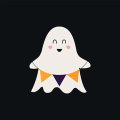 Cute Halloween ghost with festive garland. Children's scary illustration in flat style. Funny creepy ghost. Vector illustration