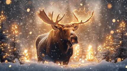 Christmas moose standing under snowy sky festive lights wrapped around its antlers surrounded by christmas trees and snowflakes joyful holiday card design with a magical winter scene