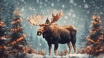 Christmas moose standing under snowy sky festive lights wrapped around its antlers surrounded by christmas trees and snowflakes joyful holiday card design with a magical winter scene