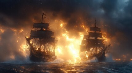 epic naval battle scene weathered pirate captain on deck two majestic pirate ships engaged in combat stormy seas cannon fire illuminating dark skies