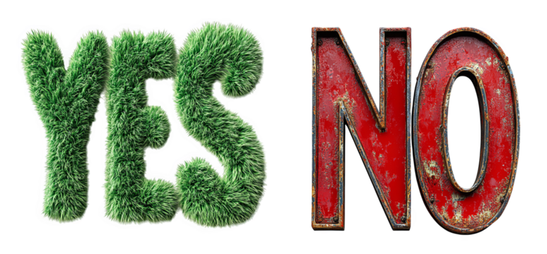 Grass letters spelling YES and NO contrasting themes together transparent background