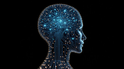 Digital Brain Hologram Hud. Artificial intelligence AI machine deep learning. Business Technology Internet Network Concept. 3D Illustration