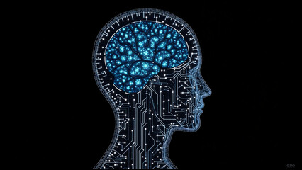 Digital Brain Hologram Hud. Artificial intelligence AI machine deep learning. Business Technology Internet Network Concept. 3D Illustration