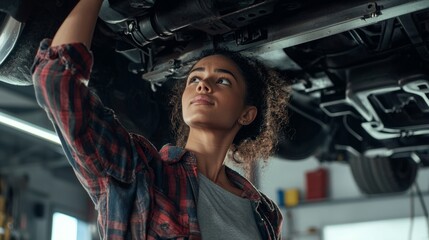 Woman mechanic inspecting the underside of vehicle on hydraulic lift, determined expression on her face