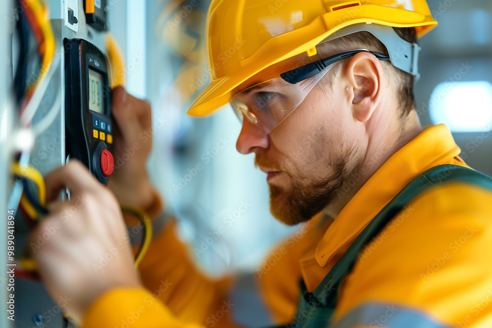 Poster an experienced electrician analyzes and adjusts electrical circuits using a multimeter in a well-lit