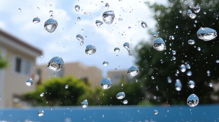 Rain drops on a window pane with blurred background. Abstract water drops texture.