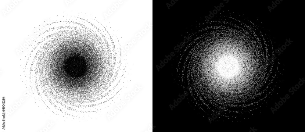 Poster Abstract art background with dotted spiral. Stipple effect with chaotic noise. Black shape on a white background and the same white shape on the black side.