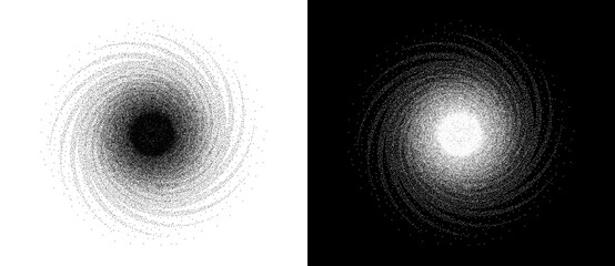 Abstract art background with dotted spiral. Stipple effect with chaotic noise. Black shape on a white background and the same white shape on the black side. © Mykola Mazuryk