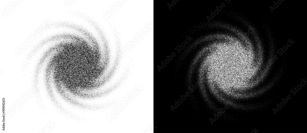 Poster Abstract art background with dotted spiral. Stipple effect with chaotic noise. Black shape on a white background and the same white shape on the black side.