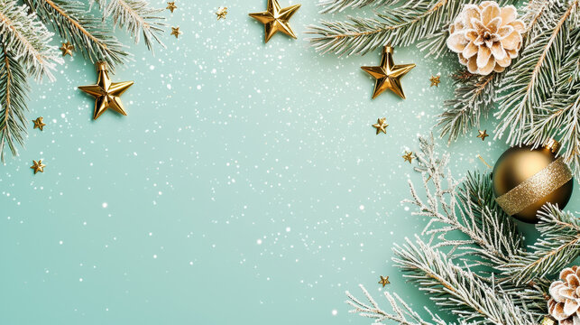 Festive arrangement of pine branches, golden stars, and ornaments on a mint green background with scattered snowflakes - Powered by Adobe