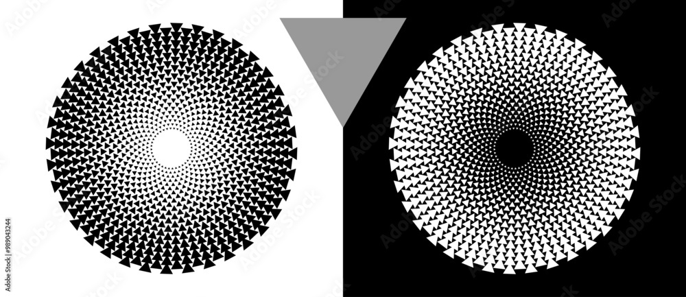 Poster Modern abstract background with halftone triangles in circle form. Round logo. Black shape on a white background and the same white shape on the black side.