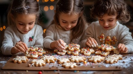 Children decorating holiday cookies with frosting and sprinkles