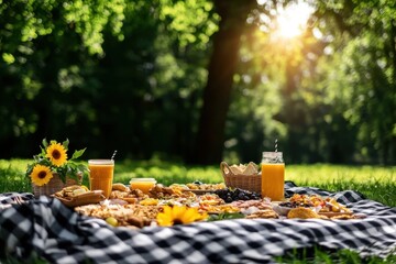 Picnic setup, sunny day with snacks and drinks