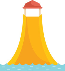 Big yellow water slide standing on blue water surface, amusement park element in flat style isolated on white background