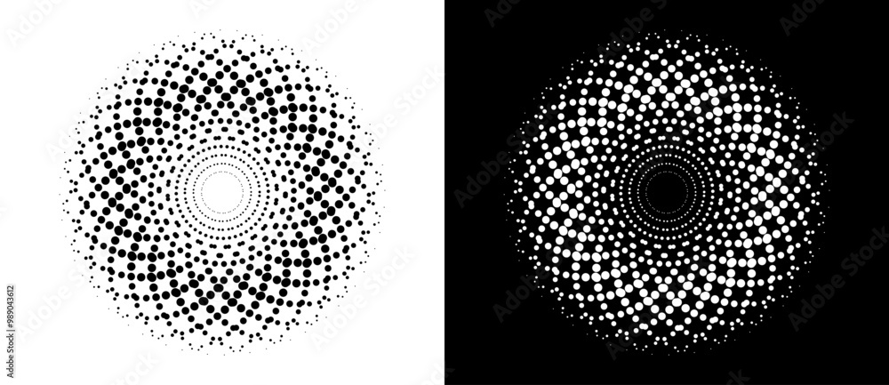 Poster Modern abstract background. Halftone dots like flower. Can be used as logo, icon or design element. Black dots on a white background and white dots on the black side.