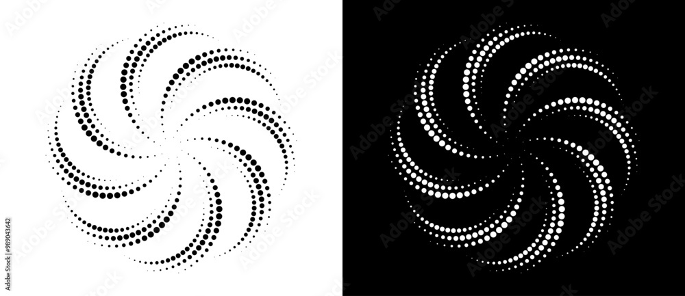 Poster Modern abstract background. Halftone dots like flower. Can be used as logo, icon or design element. Black dots on a white background and white dots on the black side.