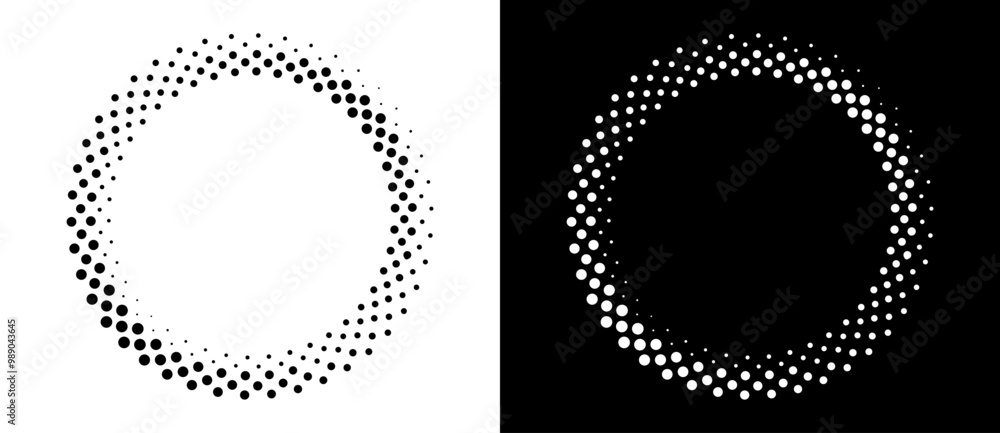 Poster Modern abstract background. Halftone dots in circle form. Round logo. Vector dotted frame. Design element or icon. Black shape on a white background and the same white shape on the black side.