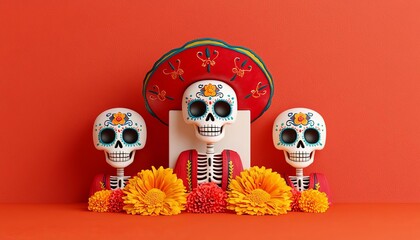 Colorful skeletons with flowers, festive decor