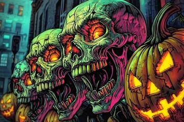 Fototapeta premium Evil skeletons and Halloween Pumpkins in the city streets. Grunge poster design. Ai generative