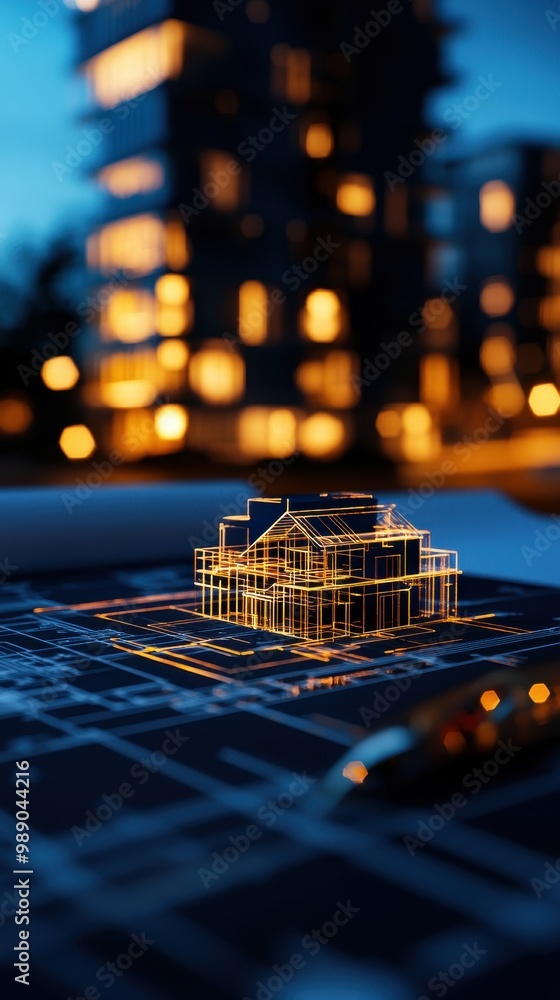 Poster architectural model design on blueprint
