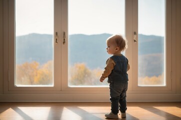 Young toddler gazing out window at forest and mountains