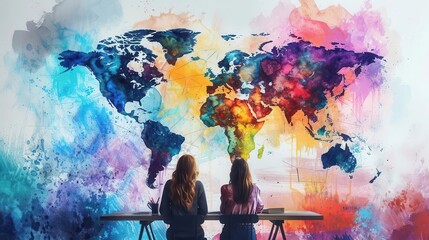 Two women sit in front of a colorful world map painted on the wall. The image represents global connection and diversity.