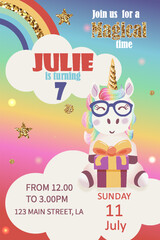 Cute unicorn birthday party invitation card. Vector