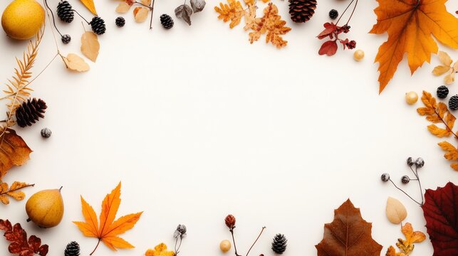 minimal template for autumn banner, minimal autumn elements in the conner, border, copy space in the center of frame, white background