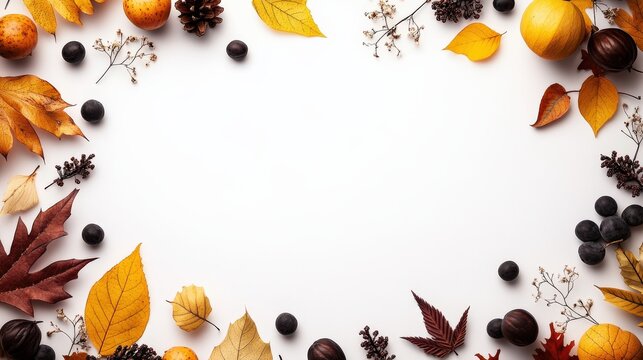 minimal template for autumn banner, minimal autumn elements in the conner, border, copy space in the center of frame, white background