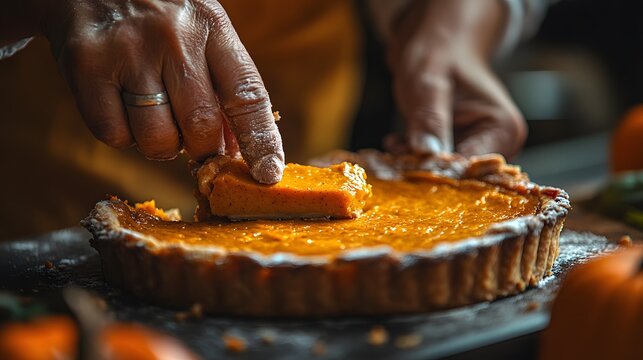 A person serving slices of pumpkin pie at a Thanksgiving feast - Powered by Adobe