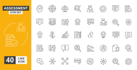 Assessment icon set. Data, chart, research, analyzing and more line icon.